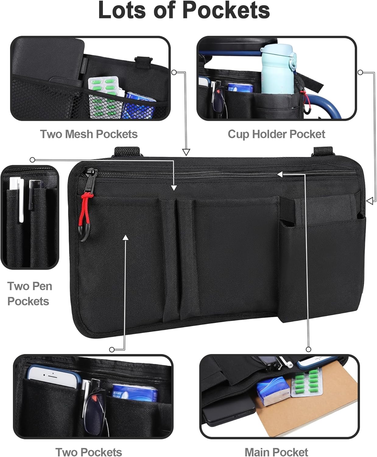 Wheelchair Side Bag with Cup Holder - Wheelchair Armrest Pouch Accessories for Adults, Storage Bags to Hang on Side Oversized Zipper Pull for Electric Wheelchair Walker Rollator Scooter