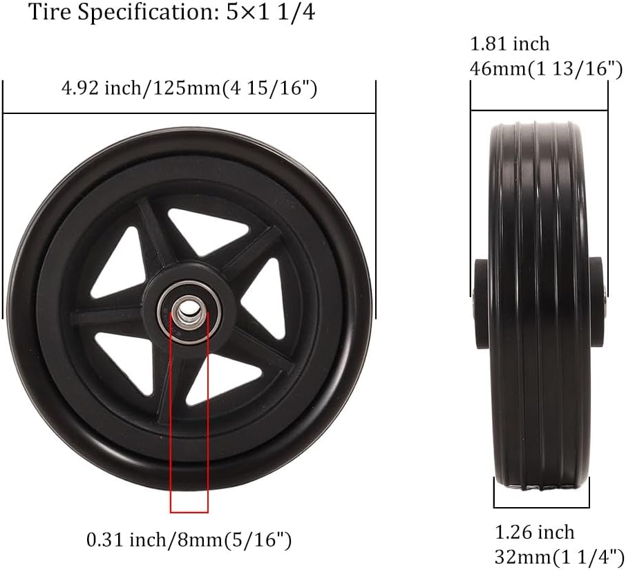 Wheelchair Front Wheel Replacement – 5 Inch Solid PU Wheels (Pair), 5x1.25 for Manual Chairs