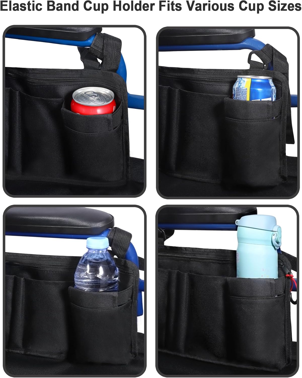 Wheelchair Side Bag with Cup Holder - Wheelchair Armrest Pouch Accessories for Adults, Storage Bags to Hang on Side Oversized Zipper Pull for Electric Wheelchair Walker Rollator Scooter