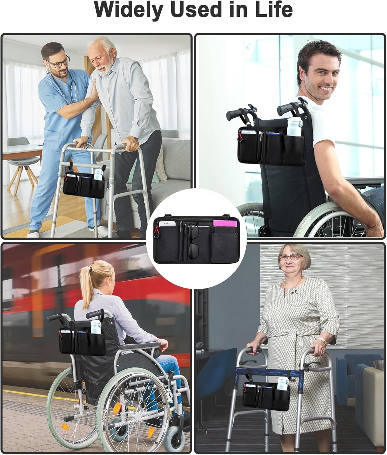 Wheelchair Side Bag with Cup Holder - Wheelchair Armrest Pouch Accessories for Adults, Storage Bags to Hang on Side Oversized Zipper Pull for Electric Wheelchair Walker Rollator Scooter